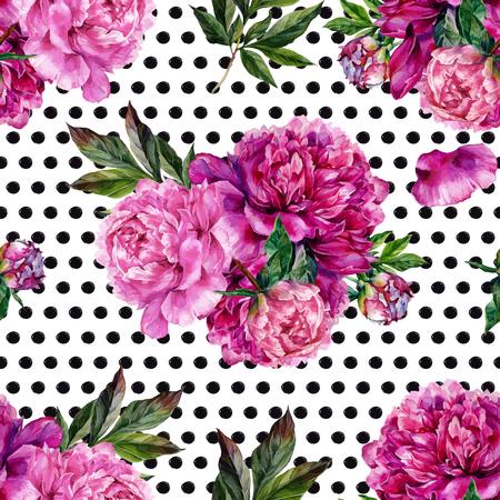 Hand drawn pink peonies bouquet seamless pattern on dotted background. Realistic illustration in trendy vintage style.のイラスト素材