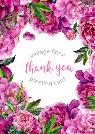 Vintage watercolor floral wedding invitation with hand drawn peonies and green leaves, botanical natural peonies Illustration. Summer floral peonies greeting cardのイラスト素材