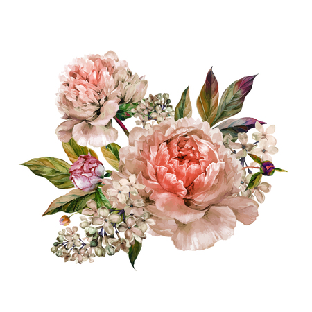 Vintage floral bouquet of light rose peonies and white lilac. Hand drawn watercolor botanical illustration isolated on white background. Summer floral peonies greeting cardのイラスト素材