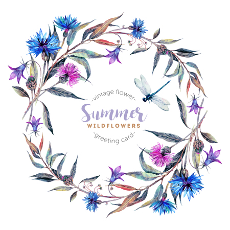 Hand drawn watercolor wildflower wreath with cornflowers, bells, thistles, willow leaves and dragonfly isolated on white background. Realistic illustration in trendy vintage style.のイラスト素材