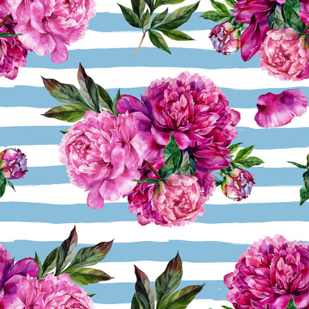 Hand drawn pink peonies bouquet seamless pattern on striped background. Realistic illustration in trendy vintage style.のイラスト素材