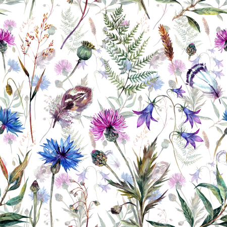 Hand drawn watercolor summer wildflowers pattern including cornflower, thistle, willow branch, bell and feathers isolated on white background. Realistic illustration in trendy vintage style.のイラスト素材
