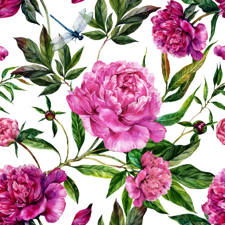 Summer seamless watercolor pattern. Hand drawn pink peonies, green leaves and dragonflies on white background. Realistic illustration in trendy vintage style. Shabby chicのイラスト素材
