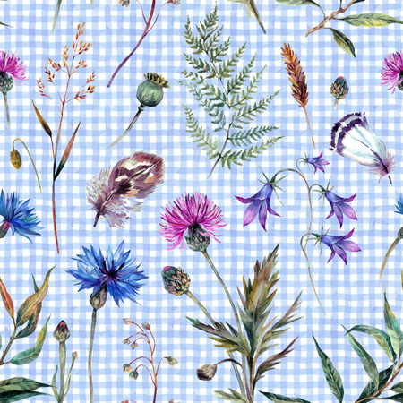 Hand drawn watercolor summer wildflowers pattern including cornflower, thistle, willow branch, bell and feathers isolated on plaid background. Realistic illustration in trendy vintage style.のイラスト素材