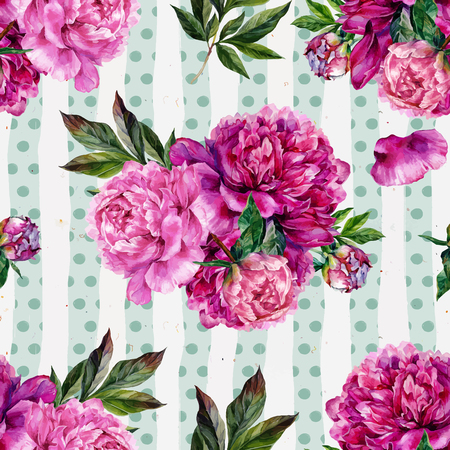 Hand drawn pink peonies bouquet seamless pattern on striped background. Realistic illustration in trendy vintage style.のイラスト素材
