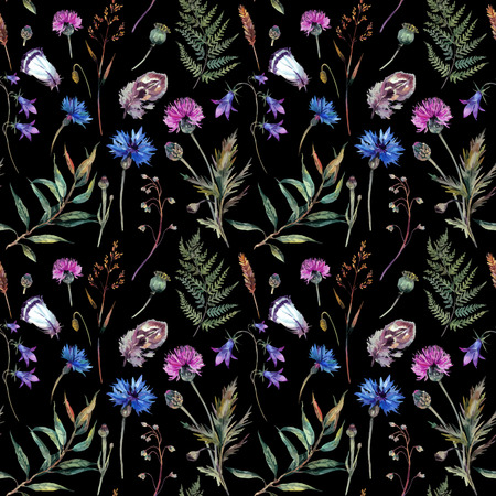Hand drawn watercolor summer wildflowers pattern including cornflower, thistle, willow branch, bell and feathers isolated on black background. Realistic botanical illustration in trendy vintage style.のイラスト素材