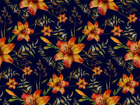 Watercolor Boho Chic design elements. Hand drawn seamless pattern made of tiger lilies and wild herbs. Vintage, boho, tribal, gypsy, rustic set. Botanical illustration in trendy vintage style.のイラスト素材