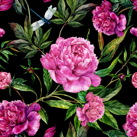 Summer seamless watercolor pattern. Hand drawn pink peonies, green leaves and dragonflies on black background. Realistic illustration in trendy vintage style. Shabby chicのイラスト素材