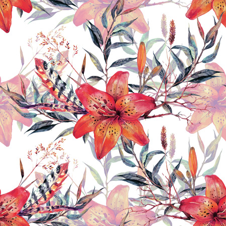Watercolor floral seamless pattern. Bouquet of watercolor tiger lilies, feathers and green leaves isolated on white background. Hand drawn botanical Illustration in trendy vintage style. Shabby chic.のイラスト素材