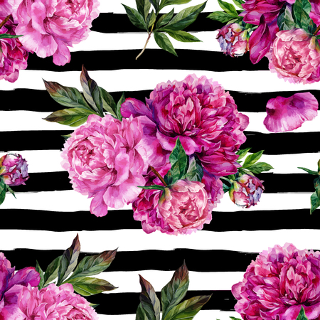 Hand drawn pink peonies bouquet seamless pattern on striped background. Realistic illustration in trendy vintage style.のイラスト素材