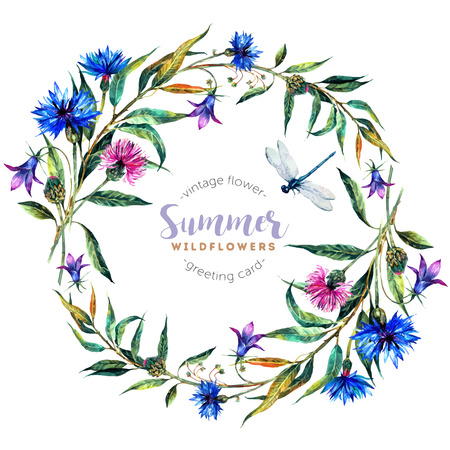 Hand drawn watercolor wildflower wreath with cornflowers, bells, thistles, willow leaves and dragonfly isolated on white background. Realistic illustration in trendy vintage style.のイラスト素材