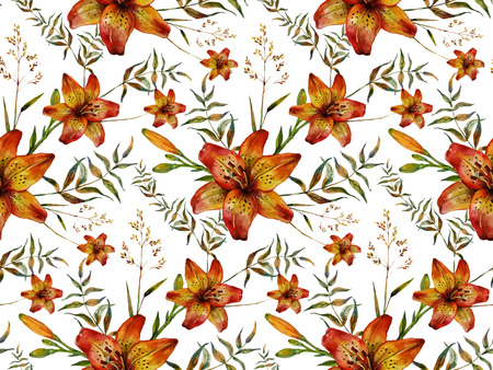 Watercolor Boho Chic design elements. Hand drawn seamless pattern made of tiger lilies and wild herbs. Vintage, boho, tribal, gypsy, rustic set. Botanical illustration in trendy vintage style.のイラスト素材