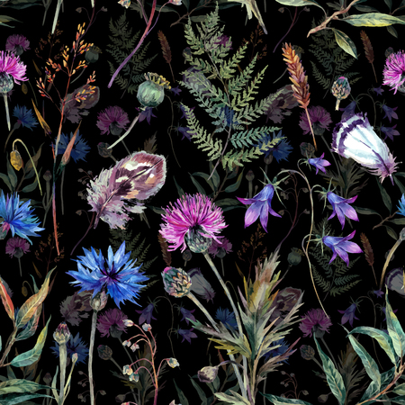 Hand drawn watercolor summer wildflowers pattern including cornflower, thistle, willow branch, bell and feathers isolated on black background. Realistic illustration in trendy vintage style.のイラスト素材