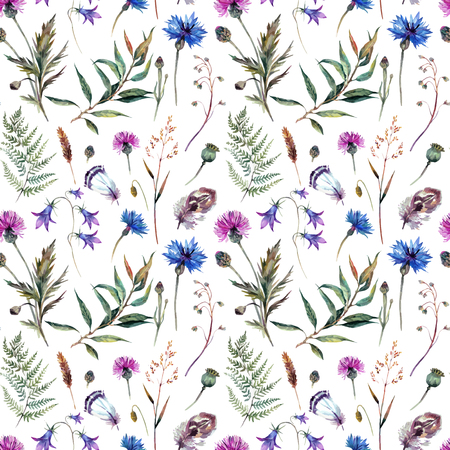 Hand drawn watercolor summer wildflowers pattern including cornflower, thistle, willow branch, bell and feathers isolated on white background. Realistic botanical illustration in trendy vintage style.のイラスト素材