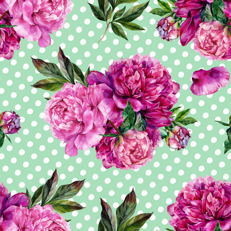 Hand drawn pink peonies bouquet seamless pattern on dotted background. Realistic illustration in trendy vintage style.のイラスト素材