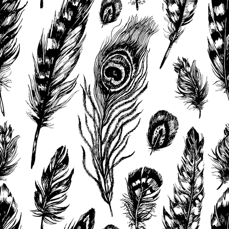 Artistic seamless pattern made of owl, pheasant, peacock, blue jay and other bird feathers. Hand drawn ink illustration in trendy rustic, boho, grunge style.のイラスト素材