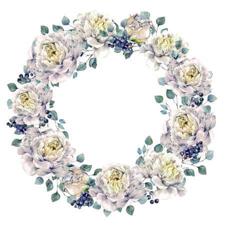 Watercolor Floral Wreath Made of Opulent White Peonies, Silver Eucalyptus and Privet Berries, Isolated on White Background. Vintage Style Wedding Decoration.の写真素材