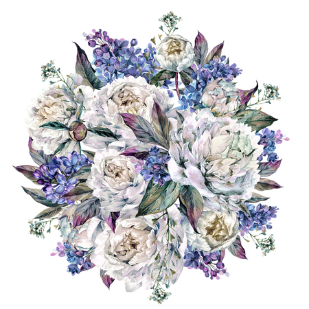 Watercolor Round Bouquet Made of Blooming White Peonies and Lilac, Foliage and Sheperd's Purse Plant, Isolated on White Background. Vintage Style Wedding Decoration.の写真素材