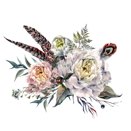 Watercolor Bouquet made of Blooming White Peonies, Wild Pheasant Feathers, Wild Herbs and Foliage. Romantic Spring Flower Arrangement. Vintage Wedding Decoration Isolated on White.の写真素材