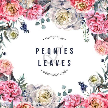 Watercolor Square Floral Backdrop made of Blooming Pink Peonies, Privet Berries and Foliage. Romantic Spring Flower Arrangement. Vintage Wedding Decoration Isolated on White.のイラスト素材