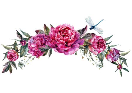 Watercolor Floral Decoration made of Fuchsia Peonies, Buds, Foliage and Dragonfly. Botanical Illustration in Vintage Style. Wedding Decoration Isolated on White.のイラスト素材