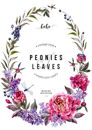 Watercolor Vertical Floral Card with Oval Wreath made of Fuchsia Peonies, Lilac Brahcnes, Privet Berries and Foliage. Botanical Illustration in Vintage Style. Wedding Decoration Isolated on White.のイラスト素材