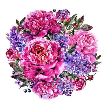 Watercolor Round Bouquet Made of Blooming Fuchsia Peonies and Lilac, Foliage and Privet Berries, Isolated on White Background. Vintage Style Floral Wedding Decoration.のイラスト素材