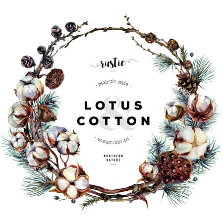 Watercolor Round Wreath made of Cotton Plant Bolls, Larch Branches with Cones, Dry Lotus Pods and Evergreen Pine Branches. Wild Floral Arrangement in Rustic Style. Vintage Boho Style Wedding Decoration Isolated on White. Botanical Illustration.のイラスト素材