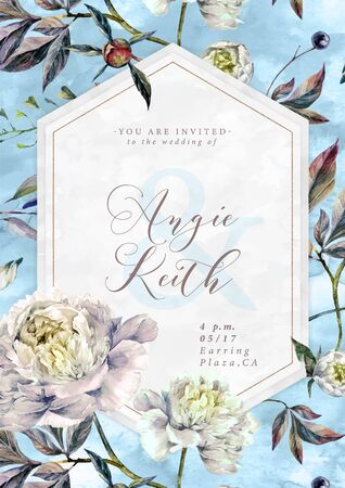 Watercolor Floral Card Template. Wedding Invitation with White Peonies and Foliage on Blue Background. Vintage Style Greeting Card. Botanical Design.のイラスト素材