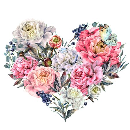 Watercolor Heart Shaped Floral Bouquet made of Peonies, Foliage and Privet Berries. Vintage Style Wedding Decoration Isolated on White.のイラスト素材