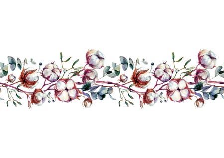 Watercolor Botanical Illustration. Seamless Floral Border made of Cotton, Silver Eucalyptus, and Mistletoe. Boho Style Arrangement. Vintage Wedding Decor. Scandinavian Nature Design Isolated on Whiteのイラスト素材