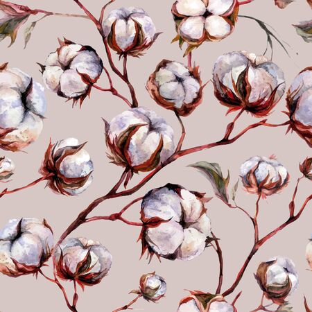 Watercolor Seamless Pattern made of Branches of Dry Cotton Balls and Twigs. Botanical Decor in Rustic Style. Rural Nature Boho Textile Design.のイラスト素材