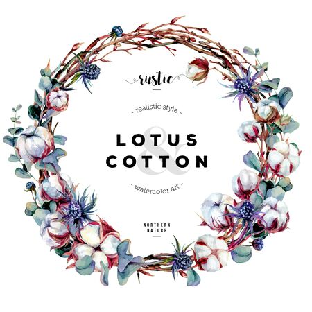 Watercolor Botanical Illustration. Floral Wreath made of Cotton, Silver eucalyptus, Twigs and Blue Thistle. Boho Style Greeting Card. Vintage Wedding Decor.Scandinavian Nature Design Isolated on Whiteのイラスト素材