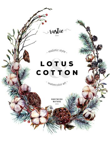 Watercolor Oval Wreath made of Cotton Bolls, Dry Lotus Pods, and Evergreen Pine Branches. Floral Arrangement in Rustic Style. Isolated Vintage Boho Style Wedding Decoration. Botanical Illustration.のイラスト素材