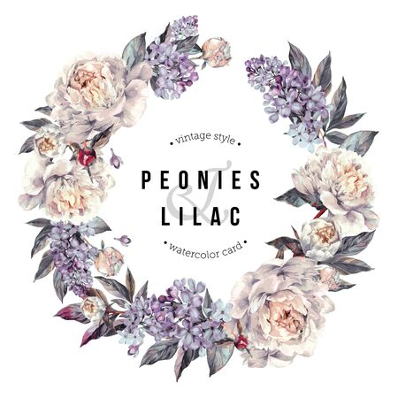 Watercolor Wreath of White Peonies, Lilac, and Foliage. Botanical Illustration in Vintage Style. Wedding Decoration Isolated on White.のイラスト素材