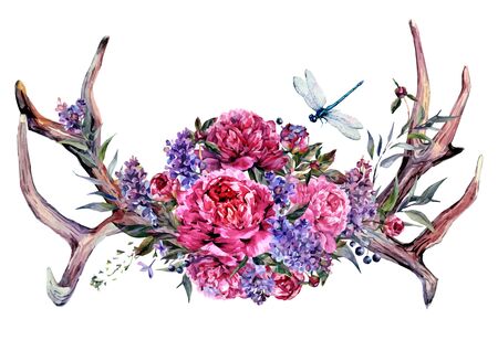 Watercolor Painting of Deer Antlers Decorated with Bouquet of Pink and White Peonies, Lilac, Berries and Foliage, Isolated on White Background. Boho, Shabby Chic Flower Arrangement. Fashion Print.のイラスト素材