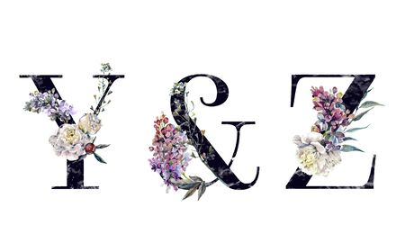 Flower Alphabet Isolated on White. Collection of Floral Uppercase Designs. Botanical Typography with Peony, Lilac and Foliage for Vintage Style Wedding Invitations and Cards. Wedding Typeface.のイラスト素材