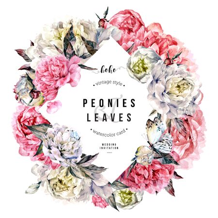 Watercolor Wreath of White and Pink Peonies and Greenery. Botanical Illustration in Vintage Style. Wedding Decoration Isolated on White.のイラスト素材
