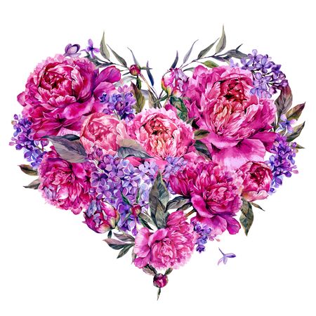 Watercolor Heart Shaped Floral Decoration made of Fuchsia Colored Peonies, Lilac and Foliage. Vintage Style Wedding Decoration Isolated on White.のイラスト素材