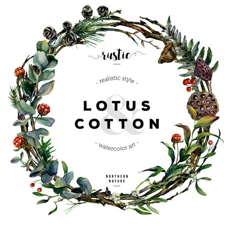 Watercolor Wreath made of Dry Twigs, Eucalyptus, Fern, Cloudberry, Mistletoe, Larch Branches in Scandinavian Style. Boho Wedding Decor Isolated on White. Northern Nature Vintage Botanical Illustrationのイラスト素材