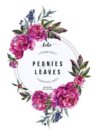 Watercolor Vertical Floral Card with Fuchsia Peonies, Privet Berries and Foliage. Botanical Illustration in Vintage Style. Wedding Decoration Isolated on White.のイラスト素材