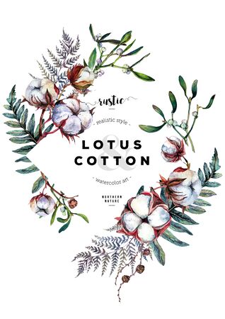 Watercolor Greeting Card. Wreath made of Cotton Bolls, Fern Leaves, Pine Cones and Mistletoe branches. Boho Style Floral Arrangement. Vintage Wedding Decor. Botanical Illustration Isolated on White.のイラスト素材