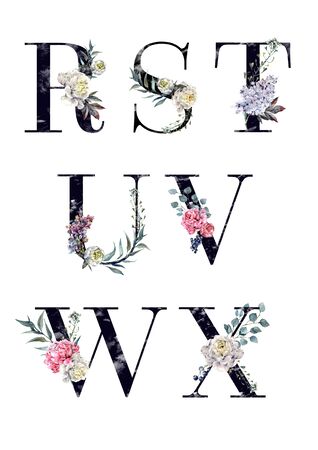 Flower Alphabet Isolated on White. Collection of Floral Uppercase Designs. Botanical Typography with Peony, Lilac and Foliage for Vintage Style Wedding Invitations and Cards. Wedding Typeface.のイラスト素材