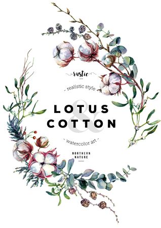Watercolor Botanical Illustration. Floral Frame made of Cotton, Fern, Mistletoe, Silver eucalyptus Foliage. Boho Style Greeting Card. Vintage Wedding Decor.Scandinavian Nature Design Isolated on Whiteのイラスト素材
