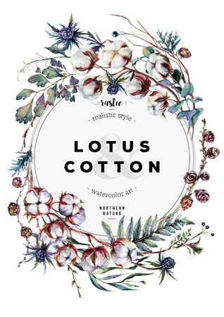 Watercolor Botanical Illustration. Floral Frame made of Cotton, Fern, Mistletoe, Blue Thistle and Foliage. Boho Style Greeting Card. Vintage Wedding Decor. Scandinavian Nature Design Isolated on Whiteのイラスト素材
