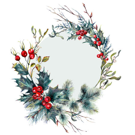 Watercolor Christmas Forest Gifts Wreath Made of Spruce Branches, Holly Berry, Hawthorn, Mistletoe, Cypress, Dry Branches and Twigs. Holiday Decoration Print Design Template. Vintage Style.の写真素材