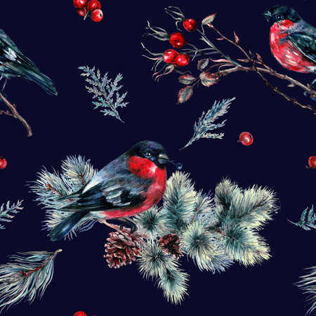 Watercolor Sophisticated Seamless Pattern Made of Hawthorn, Mistletoe and Cypress Isolated on White. Botanical Floral Decoration Texture. Vintage Style Design for Fabric Print, Wallpaper Background.の写真素材