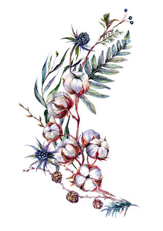 Watercolor Floral Decoration made of Cotton Plant, Eucalyptus Greenery, Blue Thrisle and Mistletoe Isolated on White. Boho Style Arrangement. Botanical Vintage Wedding Decor. Scandinavian Nature Designの写真素材