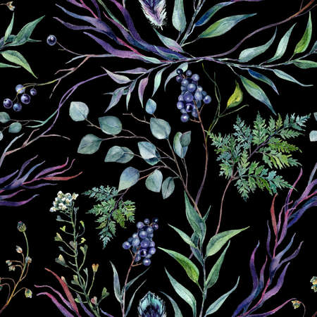 Watercolor Floral Seamless Pattern made of Silver Eucalyptus, Italian Ruscus, Fern, Shepherd's Purse, Privet berries. Drawn Greenery and Foliage Decoration in Botanical Vintage Style Isolated on Blackの写真素材