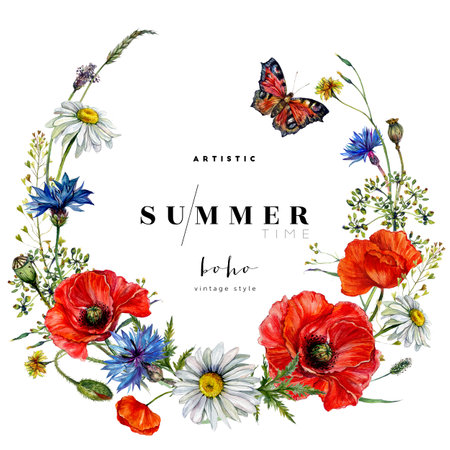 Watercolor Floral Wreath of Red Poppies, Cornflowers, Chamomiles, Field Plants and Butterfly. Artistic Botanical Illustration of Summer Wildflowers Isolated on White. Vintage Style Floral Decoration.の写真素材